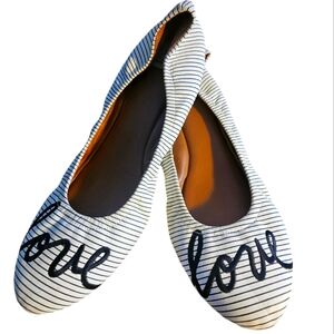EUC | White Leather w/Black stripes |  Embroidered Love Design | Ballet Flats